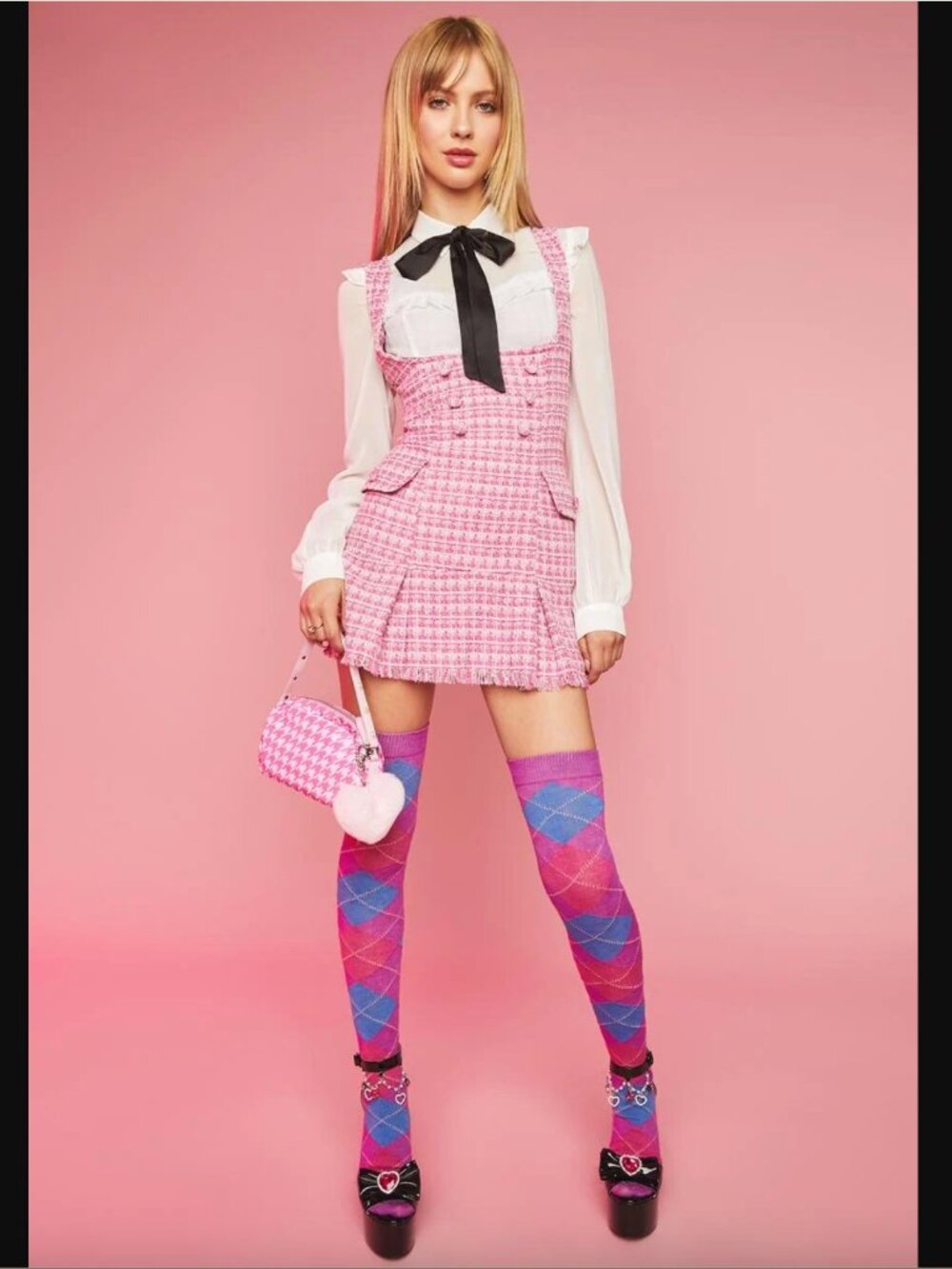 Sugar Thrillz Secret Crush Tweed Pinafore Dress Pink Large